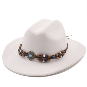 Women Wool Felt Fedora Hat Wide Brim Western Cowboy Jazz Hats With Ethnic Bead Band Turquoise Vintage Style