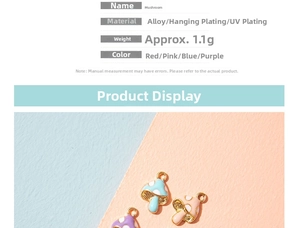Detail view of colorful alloy mushroom charms with UV plating for DIY jewelry making