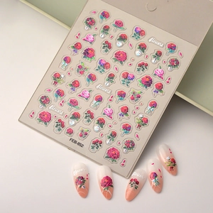 5D embossed rose nail stickers with deep red floral designs for retro DIY manicures