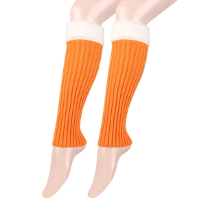 Detail view of orange cable knit leg warmers with plush white faux fur trim and ribbed texture