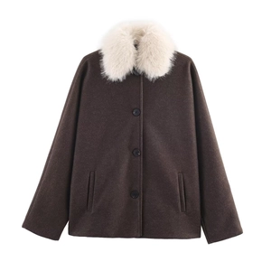 Short dark brown wool coat with white faux fur collar and button closure on white background