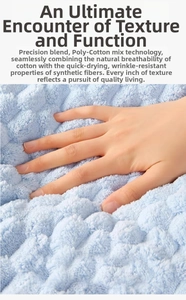 Close-up of light blue popcorn texture bath towel showing poly-cotton fabric thickness