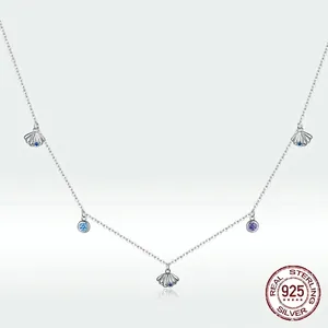 Elegant S925 sterling silver necklace featuring sea shells and colorful cubic zirconia
