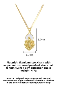 Detailed specs of gold Mary pendant necklace with 45cm chain and 3.2cm flower pendant