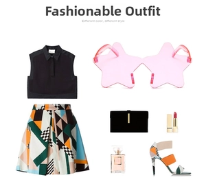 Fashion set with pink star-shaped sunglasses and colorful geometric pattern outfit