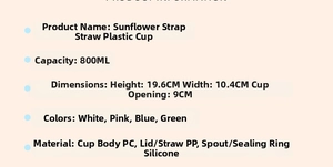 Detailed size specifications and material chart for 800ml sunflower straw plastic bottle