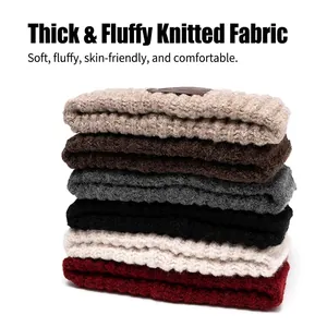 Thick knit beanies for women in multiple colors with fluffy texture and leather patch