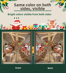 Detail of double-sided Christmas static stickers showing Santa and elk on glass