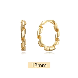 Detail view of 12mm golden twisted rope hoop earrings with S925 silver needles