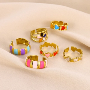 Set of six colorful 18K gold plated enamel rings with adjustable open band design