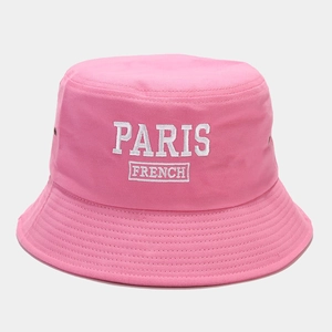 Detailed white PARIS embroidery on high-quality pink cotton canvas bucket hat