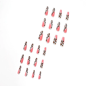 Faux ongles vagues à motif léopard rose, lot de 24 pièces forme cercueil longue