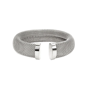 Detailed macro view of a silver mesh woven open bangle bracelet with smooth metal ends
