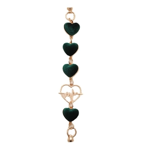 Golden zinc alloy heart phone chain with dark green plush charms for DIY cases