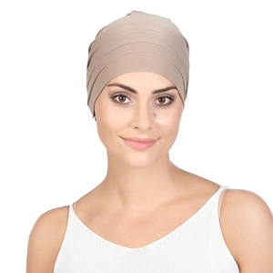 Detail of the pleated design on a khaki elastic knit headscarf turban for women