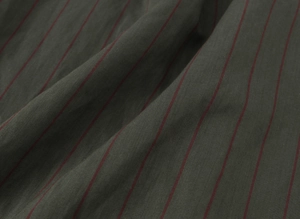 Close-up of deep green striped woven fabric texture with vertical red pinstripes