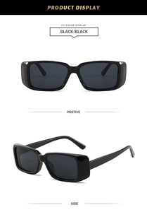 Front and side views of stylish black rectangle sunglasses with a polished plastic finish