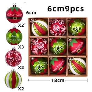 Set of 9 colorful 6cm Christmas ball ornaments in box with Santa designs and stripes
