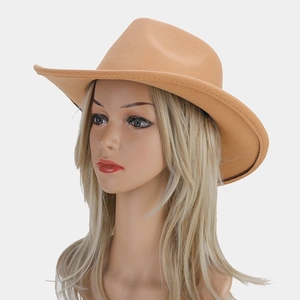 Detail of the camel wool wide brim fedora hat with a classic pinched crown design