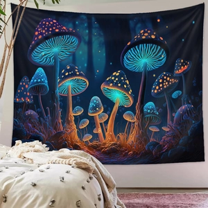 Close-up of mushroom tapestry fabric texture and vibrant fluorescent digital printing details