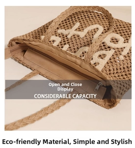 Top view of woven straw beach bag showing secure zipper closure and spacious interior