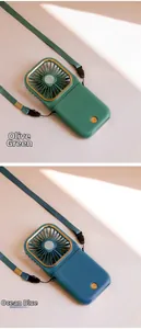 Detail view of foldable mini fans in olive green and ocean blue with power indicator