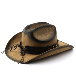 Western straw cowboy hat with distressed finish, leather band and metal rivet accents