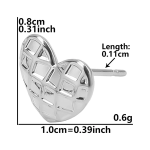 Detailed view of silver heart stud earrings with dimensions 0.8cm by 1.0cm and weight 0.6g