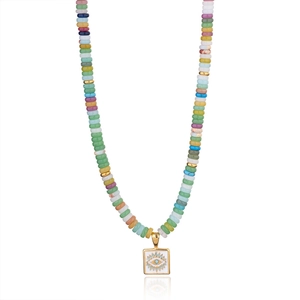 Collana di perle in pietra naturale con ciondolo occhio del male e cornice dorata quadrata