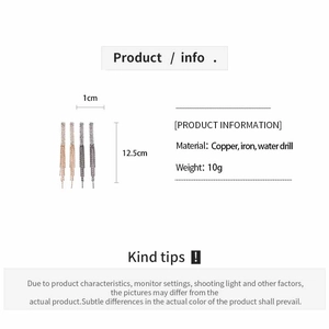 Detail view of long tassel earrings in four metal finishes with size and material specs