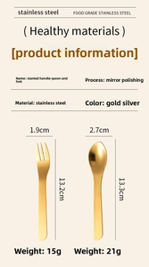 Detailed view of gold stainless steel dessert spoon and fork set with size specifications