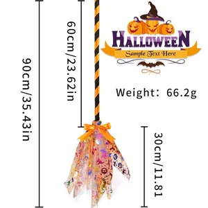 Detail showing 90cm Halloween glowing witch broom dimensions with orange mesh and bow