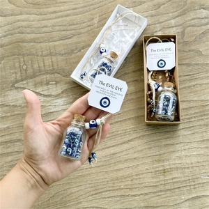 Blue evil eye glass wish bottle pendant with protective charm card and gift box