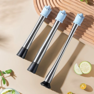 Set of 3 stainless steel cocktail muddlers with blue bear handles for lemon and fruit