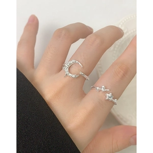 Minimalist S925 sterling silver moon and star open ring set with sparkling zircon crystals