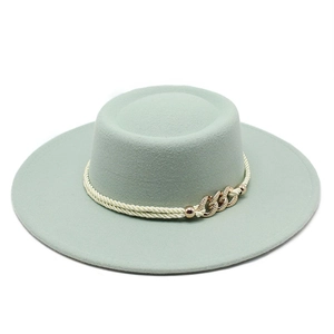 Mode Unisex Wollfilz Flacher Hut Fedora Mit Geflochtenem Seil Metallkette Dekoration Einfarbig Kleid Zubehör