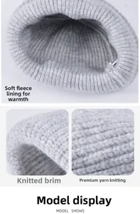 Dettaglio del cappello in maglia grigia con morbida fodera in peluche e trama termica