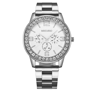 Fashion silver quartz watch for women with rhinestones and large three-dial face