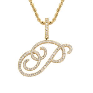 Macro detail of iced-out letter P pendant with gold rope chain and sparkling zircons