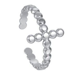 Silver beaded cross open ring in polished stainless steel with adjustable band design