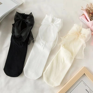 Women Sweet Cotton Mid-calf Socks With Big Organza Bow Lolita JK Style Lace Trim Solid Color Fashion Decorative Socks