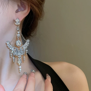 Macro detail of silver tassel earrings with flower and water drop crystal embellishments