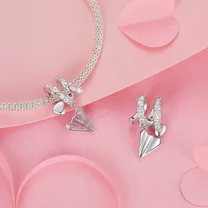 Romantic S925 sterling silver paper plane charm with pink heart cubic zirconia stone