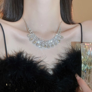 Detailed view of silver teardrop crystal necklace with shimmering tassel on model