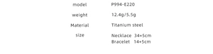Specifications of titanium steel necklace and bracelet set with weights and dimensions