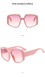 Pink oversized square sunglasses with gradient purple lenses in front and side views