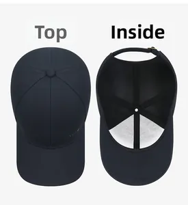 Top and lining view of navy sport baseball cap with breathable sweatband and metal buckle
