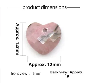 Macro shot of 12mm faceted pink crystal heart pendant showing dimensions and hole detail