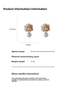 Detailed size specifications for pearl flower earrings featuring cubic zirconia and 925 silver