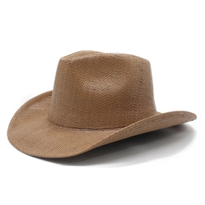Close-up of the woven texture and curved brim of this dark brown western cowboy hat